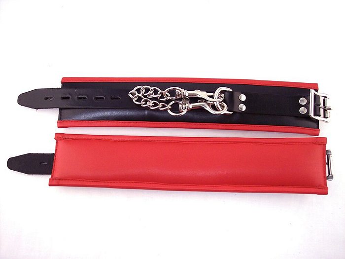 Padded Leather Ankle Cuffs Black-red