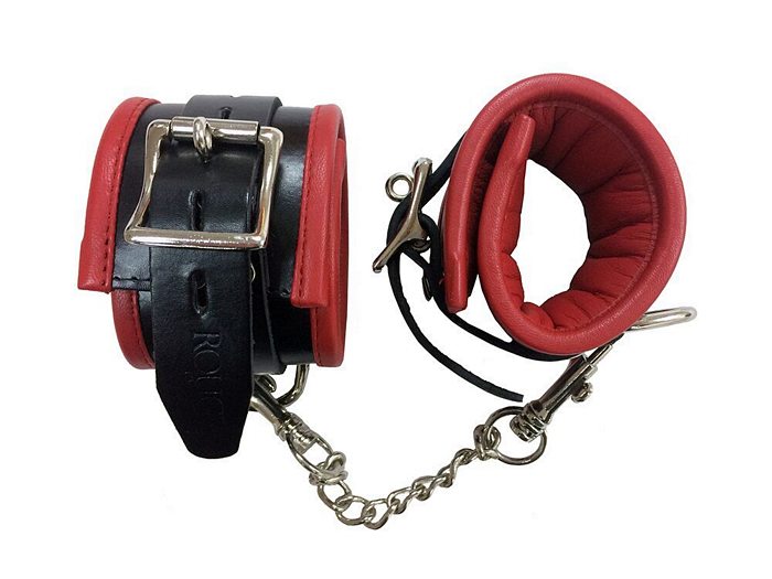 Padded Leather Ankle Cuffs Black-red