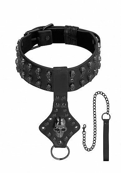 Ouch! Skulls & Bones Neck Chain W- Skulls And Leash Black
