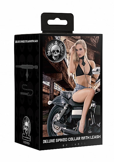 Ouch! Skulls & Bones Neck Chain W- Spikes And Leash Black