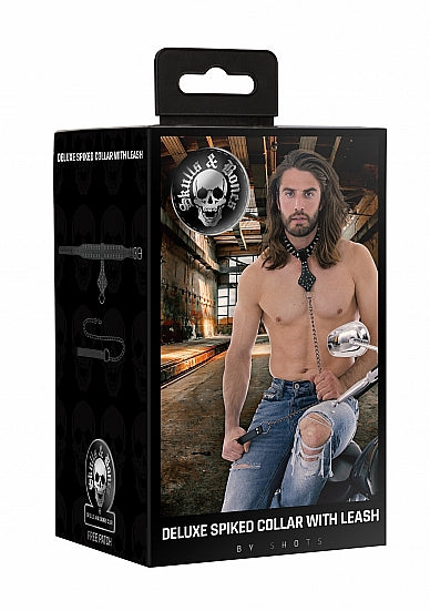 Ouch! Skulls & Bones Neck Chain W- Spikes And Leash Black