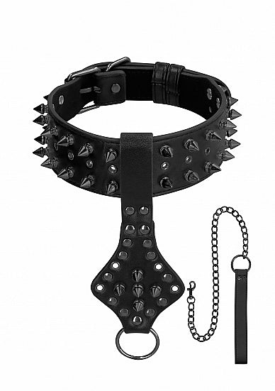 Ouch! Skulls & Bones Neck Chain W- Spikes And Leash Black
