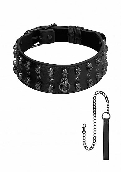 Ouch! Skulls & Bones Neck Chain W- Skulls And Leash Black